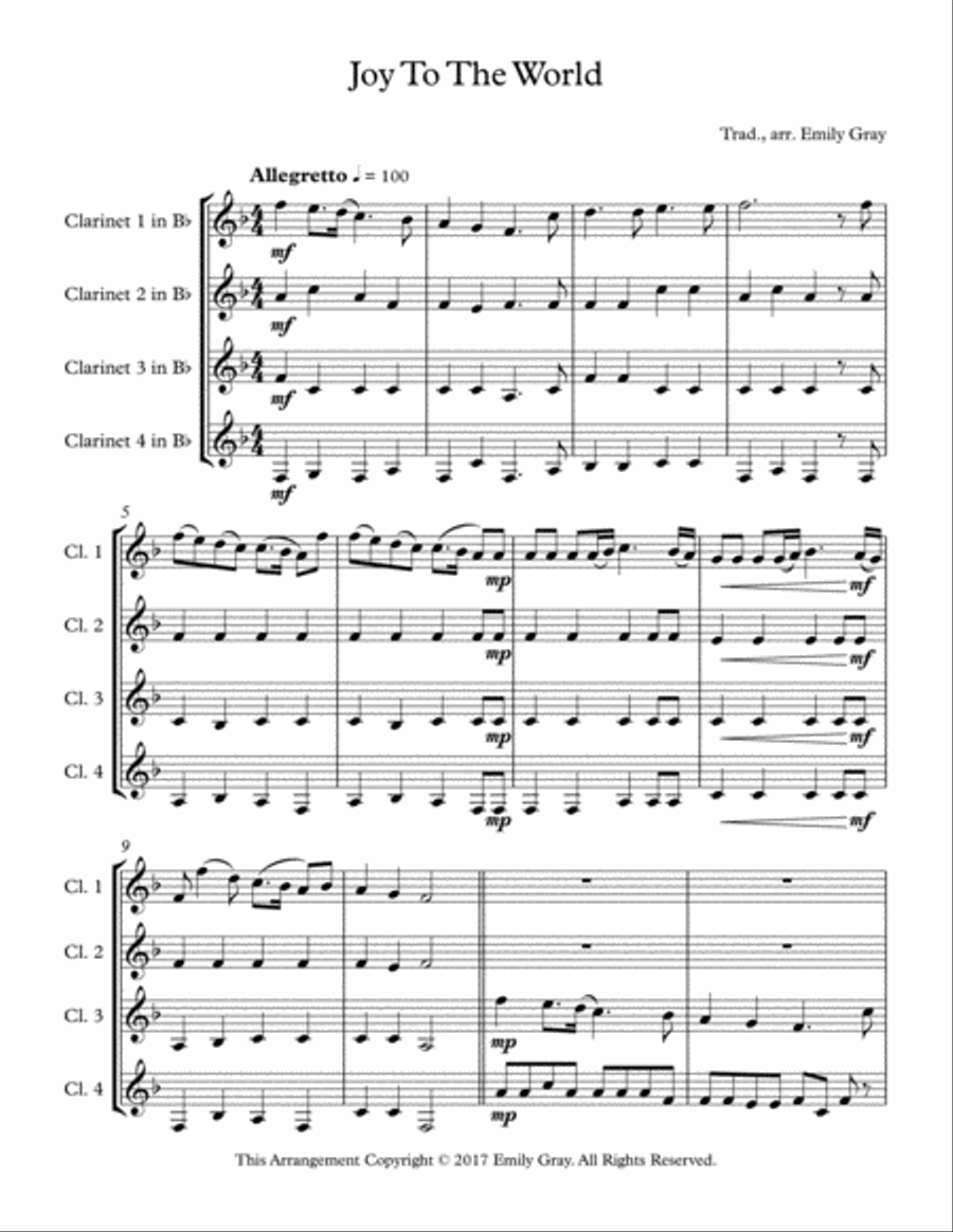 Joy To The World (4 Clarinets) Joy To The World (4 Clarinets) Clarinet Quartet scores gallery preview page 1