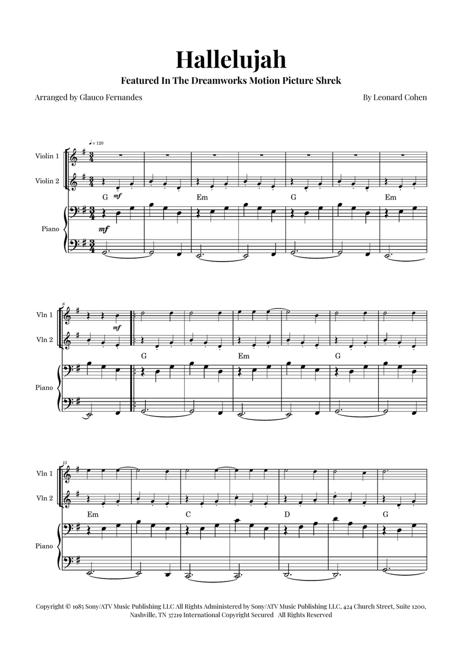 Hallelujah String Duet scores gallery preview page 1