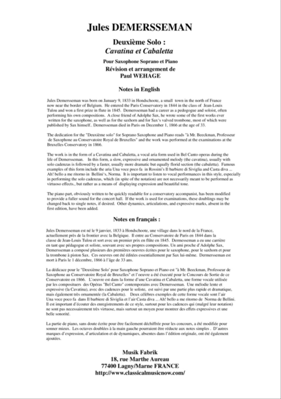 Jules Demersseman : Deuxième Solo : Cavatina et Cabaletta for soprano saxophone in Bb and piano Woodwind Duet scores gallery preview page 1