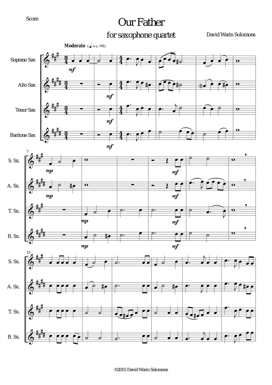 Our Father (from my Preces and Responses) arranged for saxophone quartet Saxophone Quartet scores gallery preview page 1