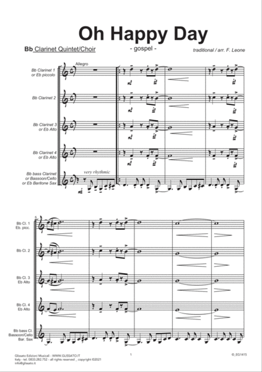 Oh Happy Day - Clarinet Quintet/Choir (10 parts & score) image number null