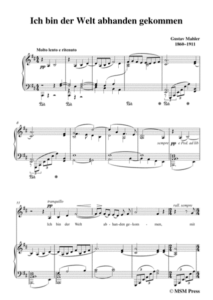 Mahler-Ich bin der Welt abhanden gekommen in D Major,for Voice and Piano image number null