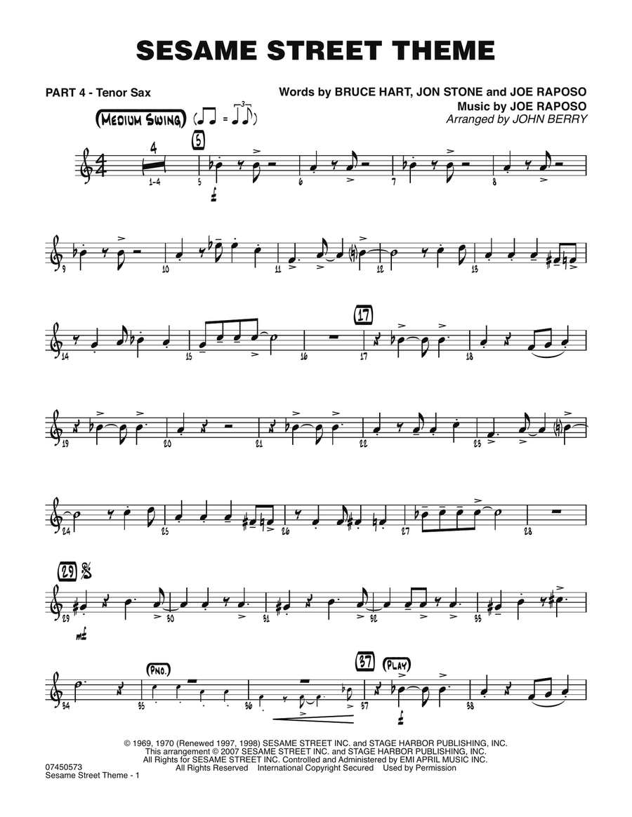 Sesame Street Theme - Part 4 - Bb Tenor Sax Jazz Ensemble scores gallery preview page 1