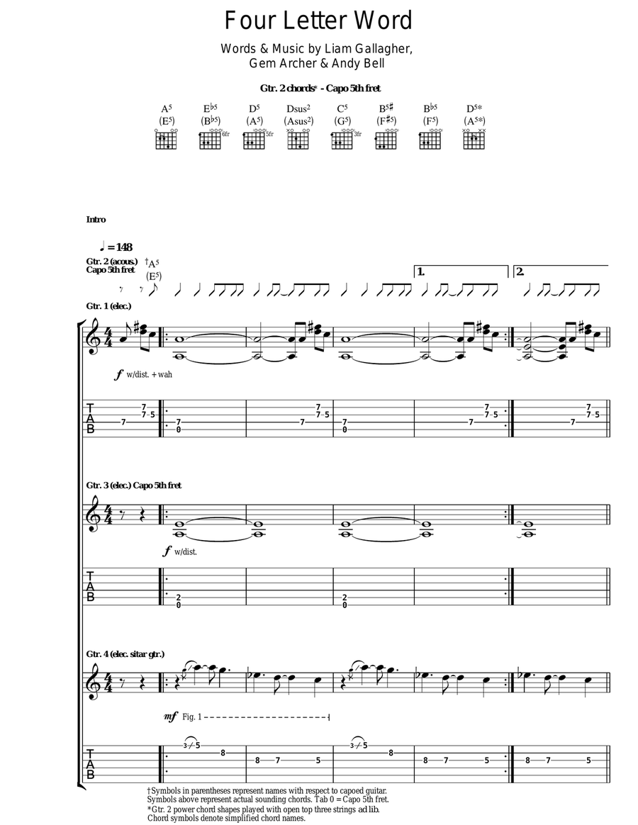 Four Letter Word Guitar Tablature scores gallery preview page 1