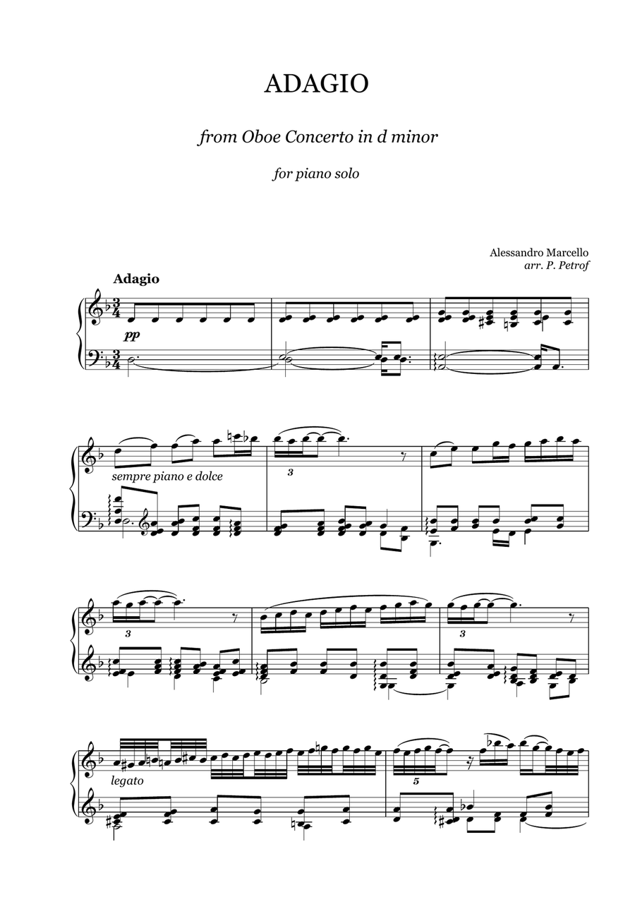 Alessandro Marcello - ADAGIO from Oboe Concerto in d minor for piano solo Piano Solo scores gallery preview page 1