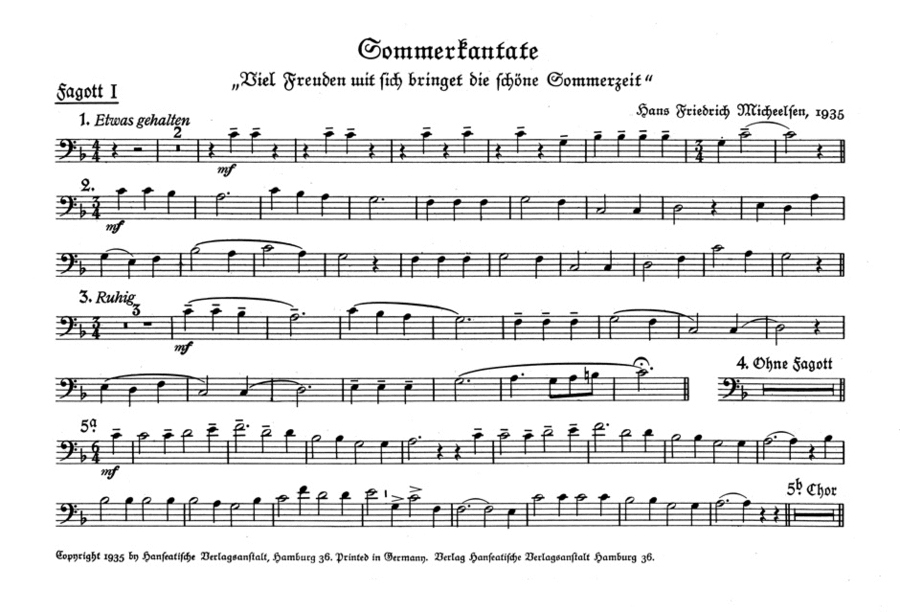 Viel Freuden mit sich bringet die schöne Sommerzeit (1935) Bassoon scores gallery preview page 1