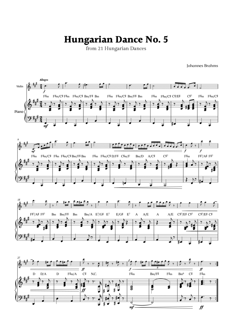Hungarian Dance No. 5 by Brahms for Violino and Piano with Chords Chamber Music scores gallery preview page 1