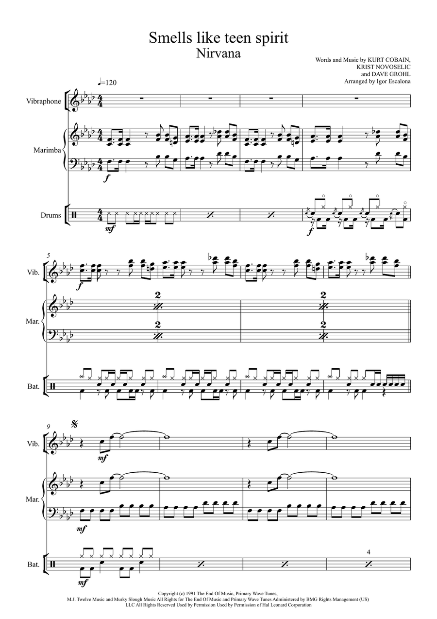 Smells Like Teen Spirit Percussion Ensemble scores gallery preview page 3