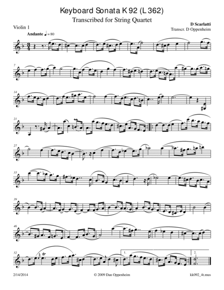 Scarlatti: sonata in D minor K 92 (L 362) arr. for String Quartet image number null