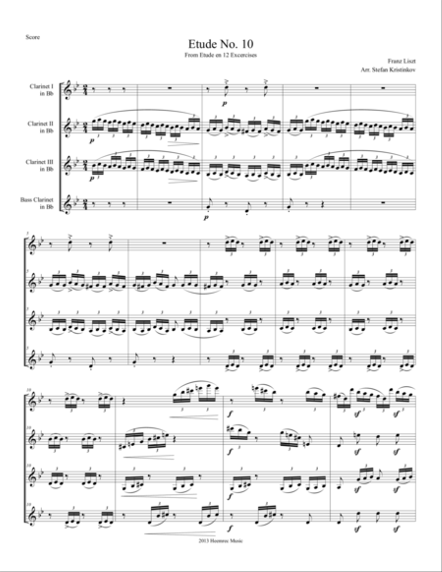 Franz Liszt, Etude No.10. Arranged for Clarinet Quartet Clarinet Quartet scores gallery preview page 1