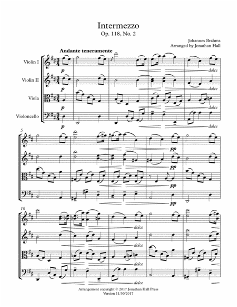 Brahms: Intermezzo, Op 118 No 2 String Quartet scores gallery preview page 3