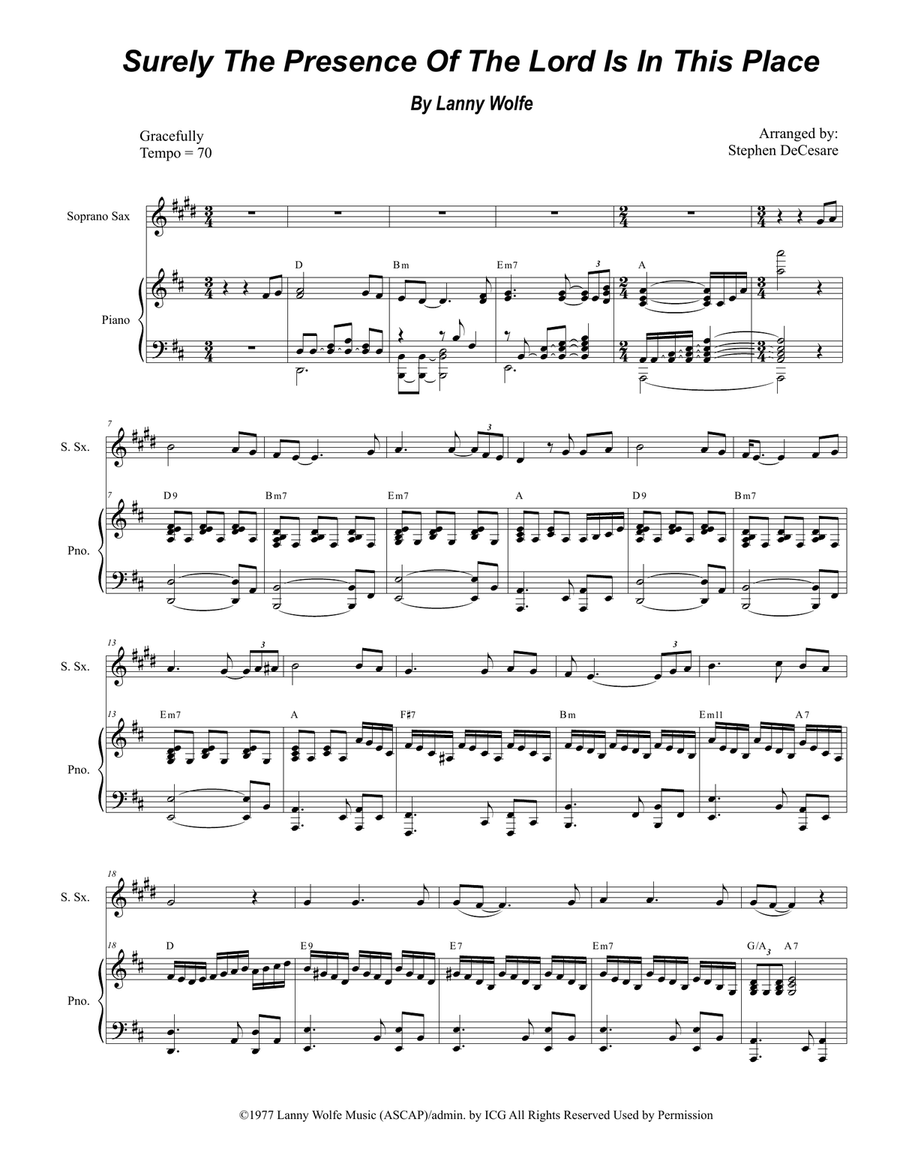 Surely The Presence Of The Lord Is In This Place Soprano Saxophone scores gallery preview page 1