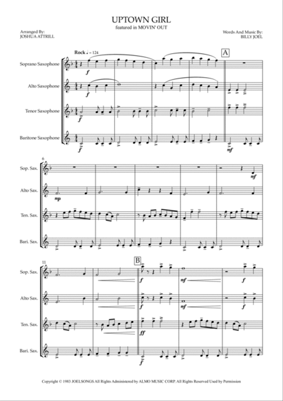 Uptown Girl Saxophone Quartet scores gallery preview page 2