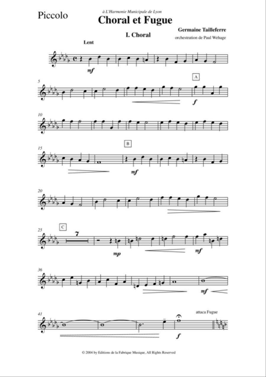Germaine Tailleferre : Choral et Fugue, arranged for concert band by Paul Wehage - Piccolo part Concert Band scores gallery preview page 2