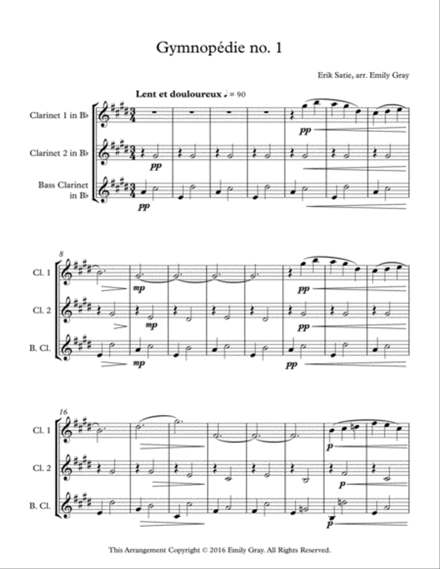 Three Gymnopedies (Clarinet Trio with Bass Clarinet) Clarinet Trio scores gallery preview page 1