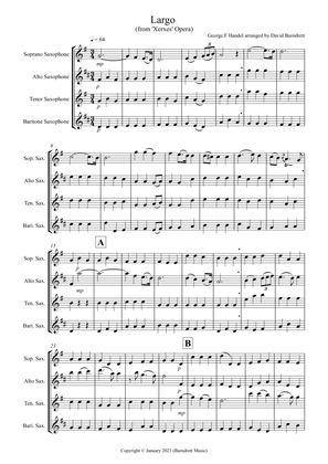 Largo from (Handel's Opera Xerxes) for Saxophone Quartet