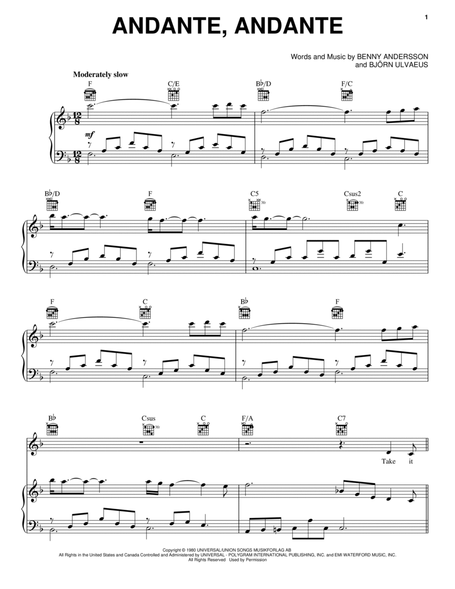 Andante, Andante (from Mamma Mia! Here We Go Again) Piano, Vocal, Guitar scores gallery preview page 1