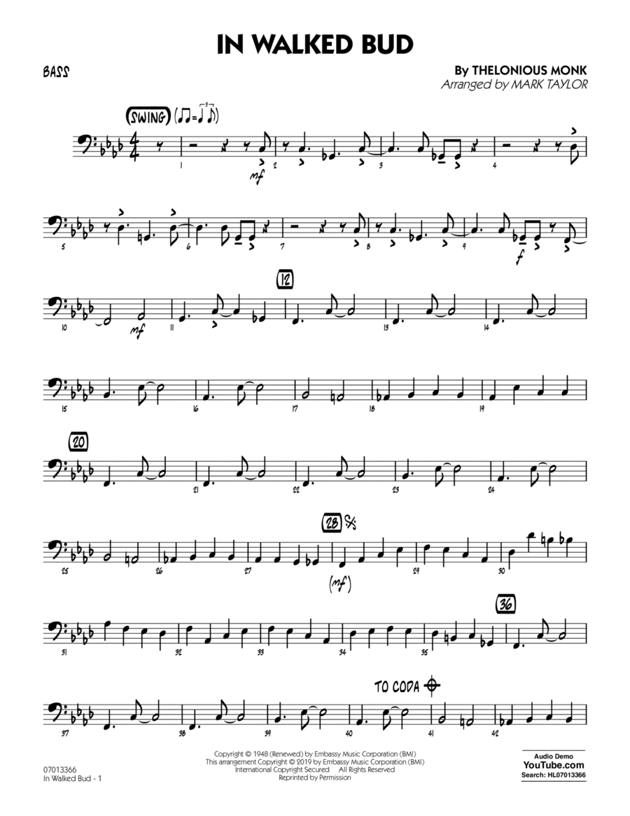 In Walked Bud (arr. Mark Taylor) - Bass