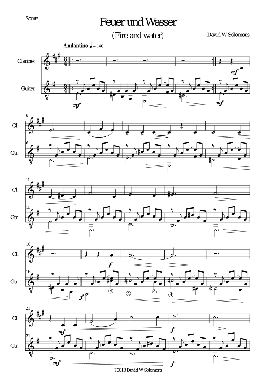 Feuer und Wasser (Fire and Water) for clarinet and guitar Clarinet scores gallery preview page 1
