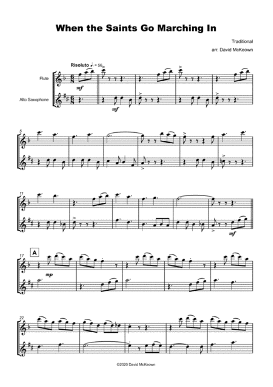 When the Saints Go Marching In, Gospel Song for Flute and Alto Saxophone Duet Woodwind Duet scores gallery preview page 2