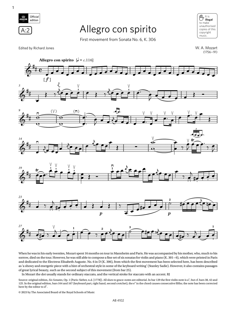 Allegro con spirito (Grade 8, A2, from the ABRSM Violin Syllabus from 2024) Violin Solo scores gallery preview page 1