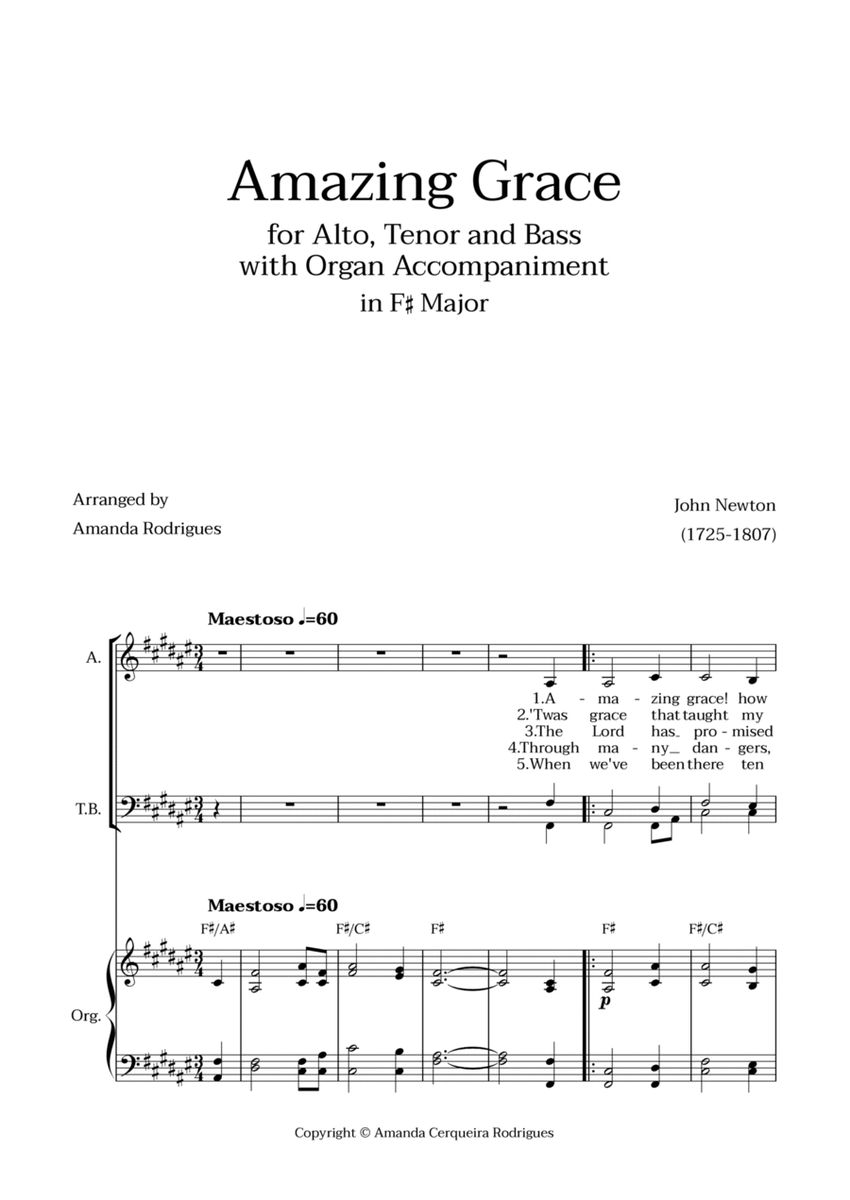 Amazing Grace in F# Major - Alto, Tenor and Bass with Organ Accompaniment and Chords image number null