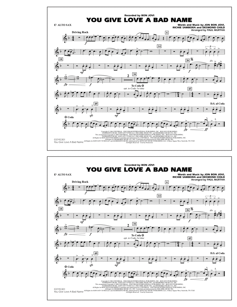 You Give Love a Bad Name - Eb Alto Sax Marching Band scores gallery preview page 1