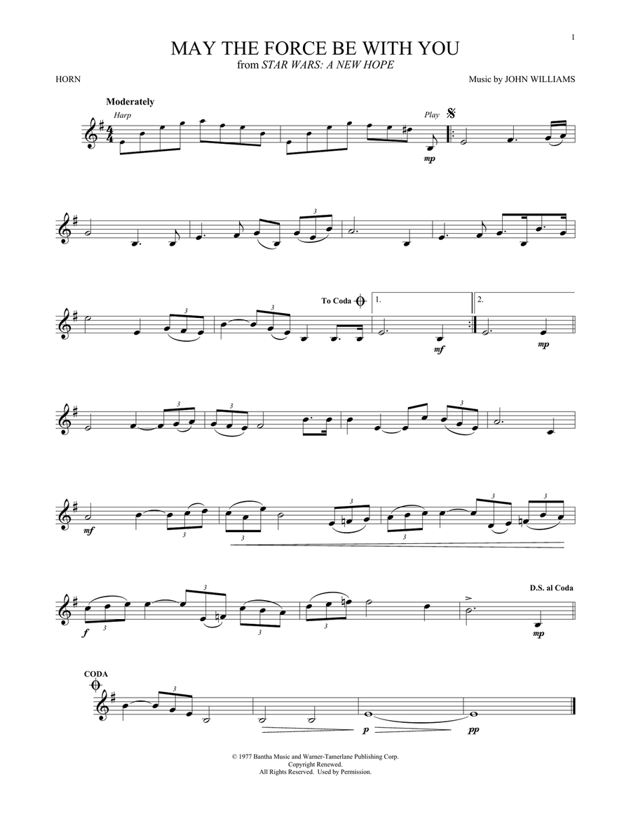 May The Force Be With You (from Star Wars: A New Hope) Horn Solo scores gallery preview page 1