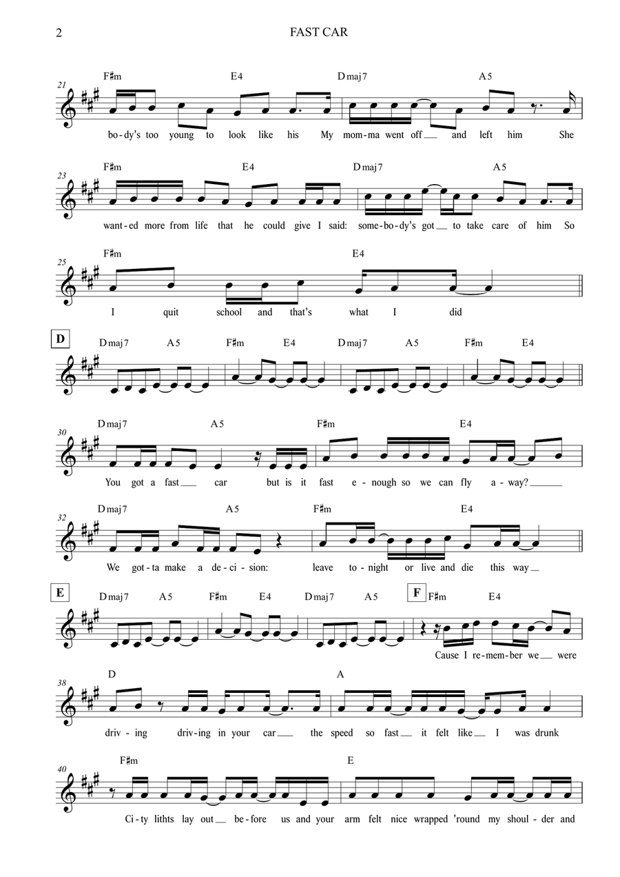 Fast Car Piano scores gallery preview page 2