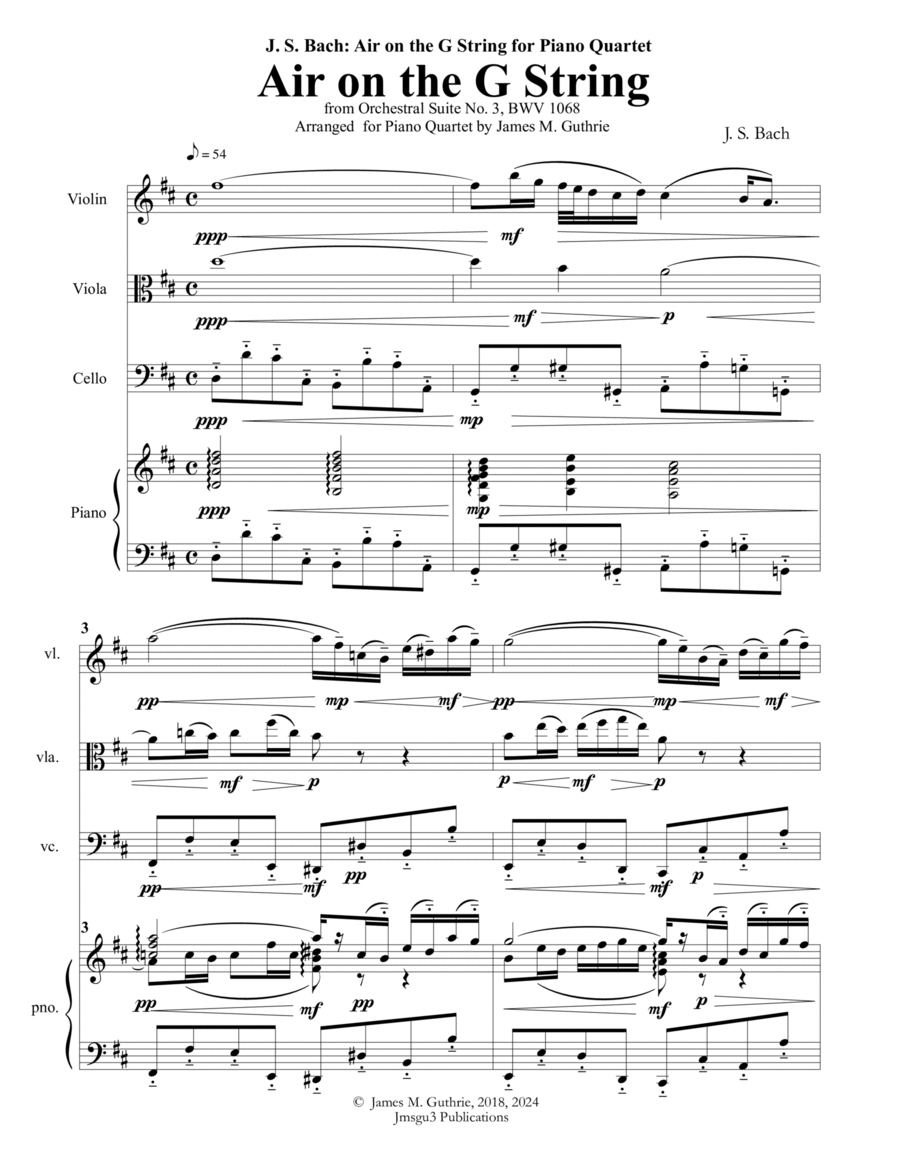 Bach: Air on the G String for Piano Quartet Piano Quartet scores gallery preview page 1