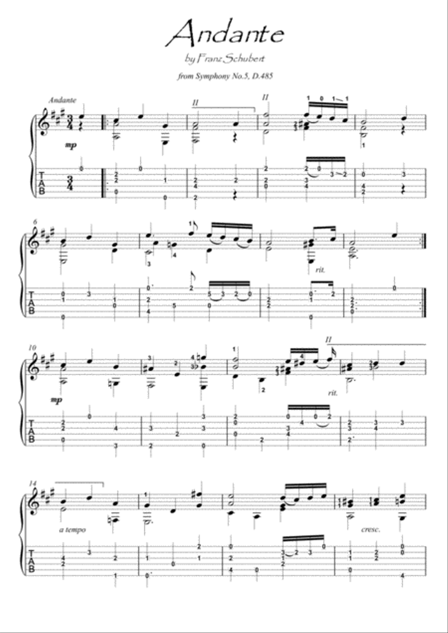 Andante by Schubert guitar solo Acoustic Guitar scores gallery preview page 1