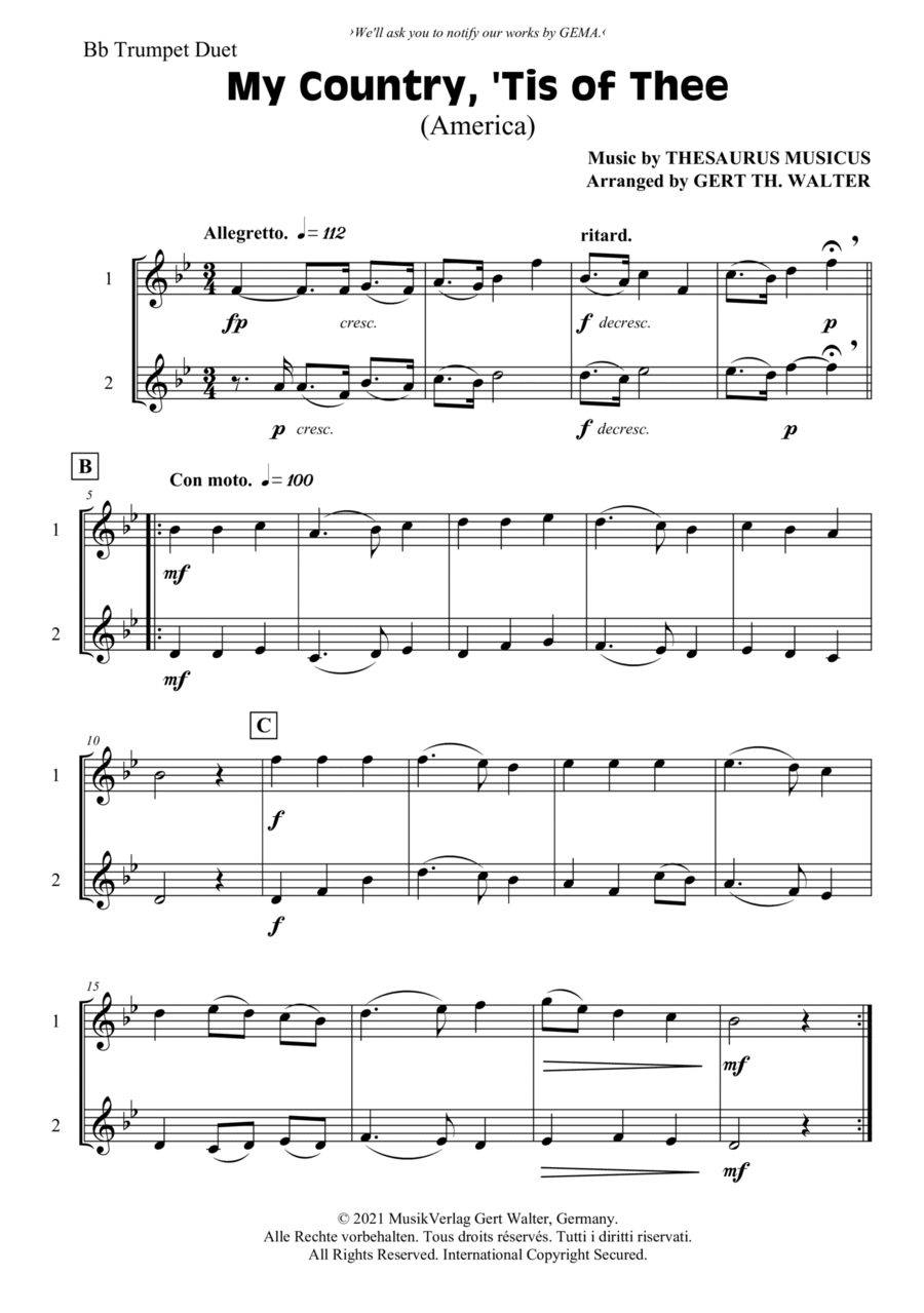My Country, 'Tis Of Thee (America) Trumpet Duet scores gallery preview page 1