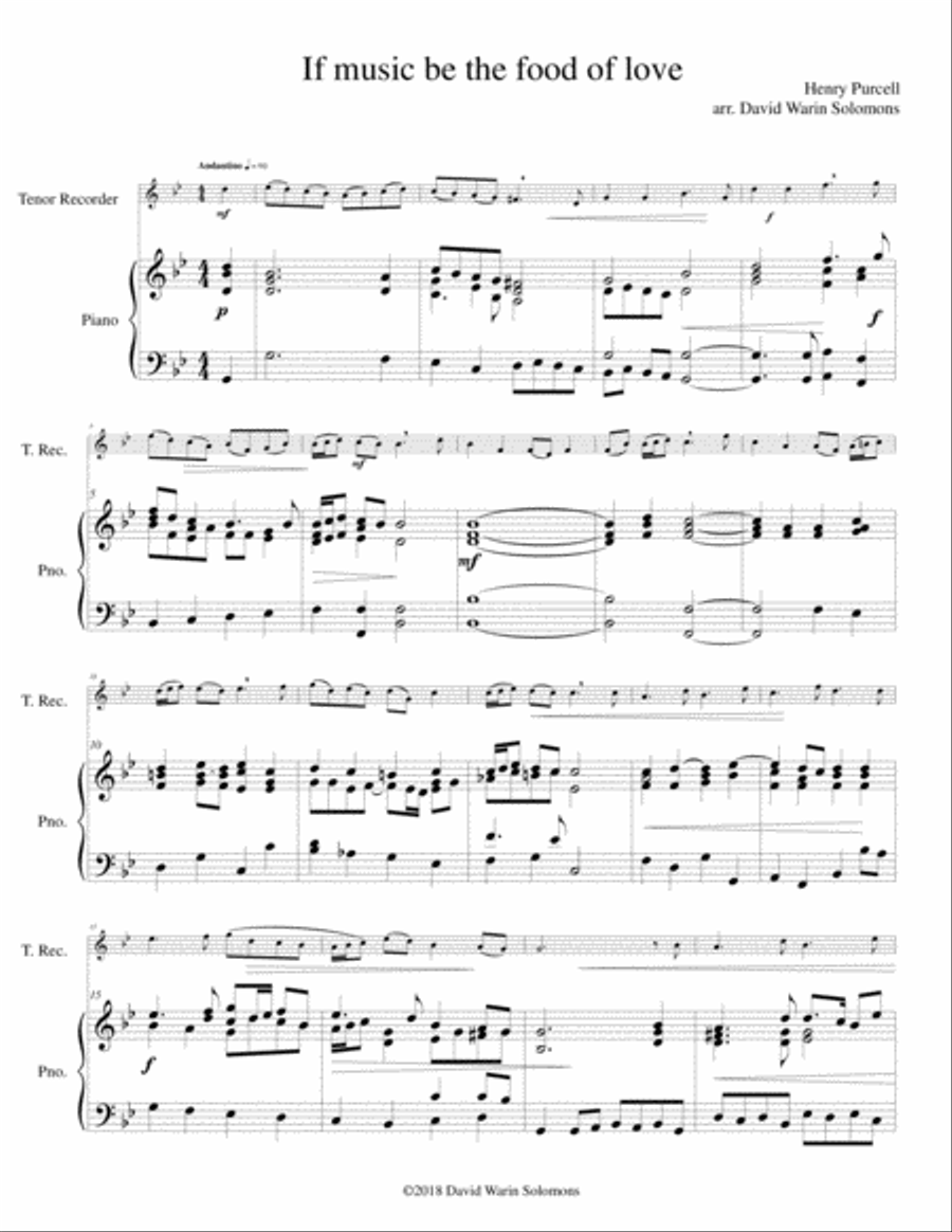 If music be the food of love for tenor recorder and piano Tenor Recorder scores gallery preview page 1
