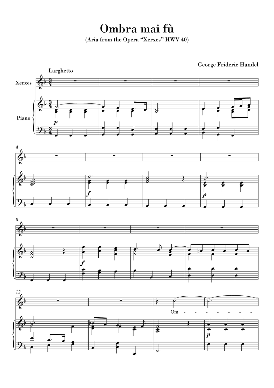 Ombra mai fu (for Voice and Piano) Original Key F major