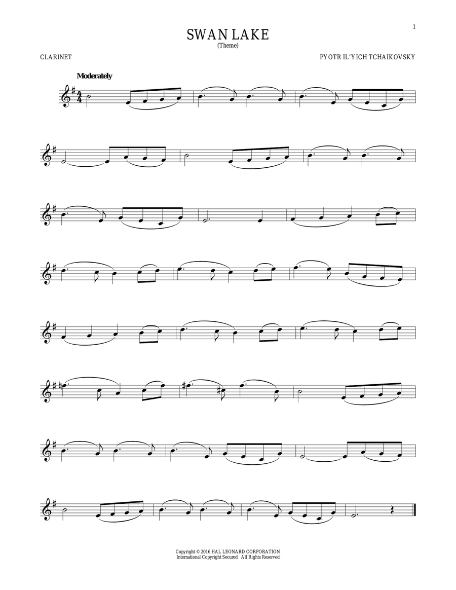 Theme From Swan Lake Clarinet Solo scores gallery preview page 1