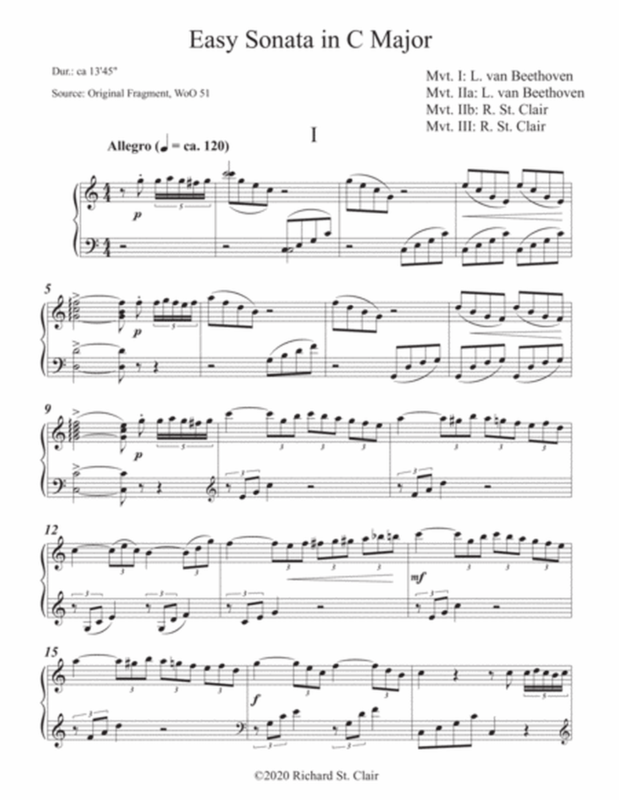 Beethoven/St. Clair: Easy Sonata in C Major for Solo Piano (1798/1990): A Completion image number null