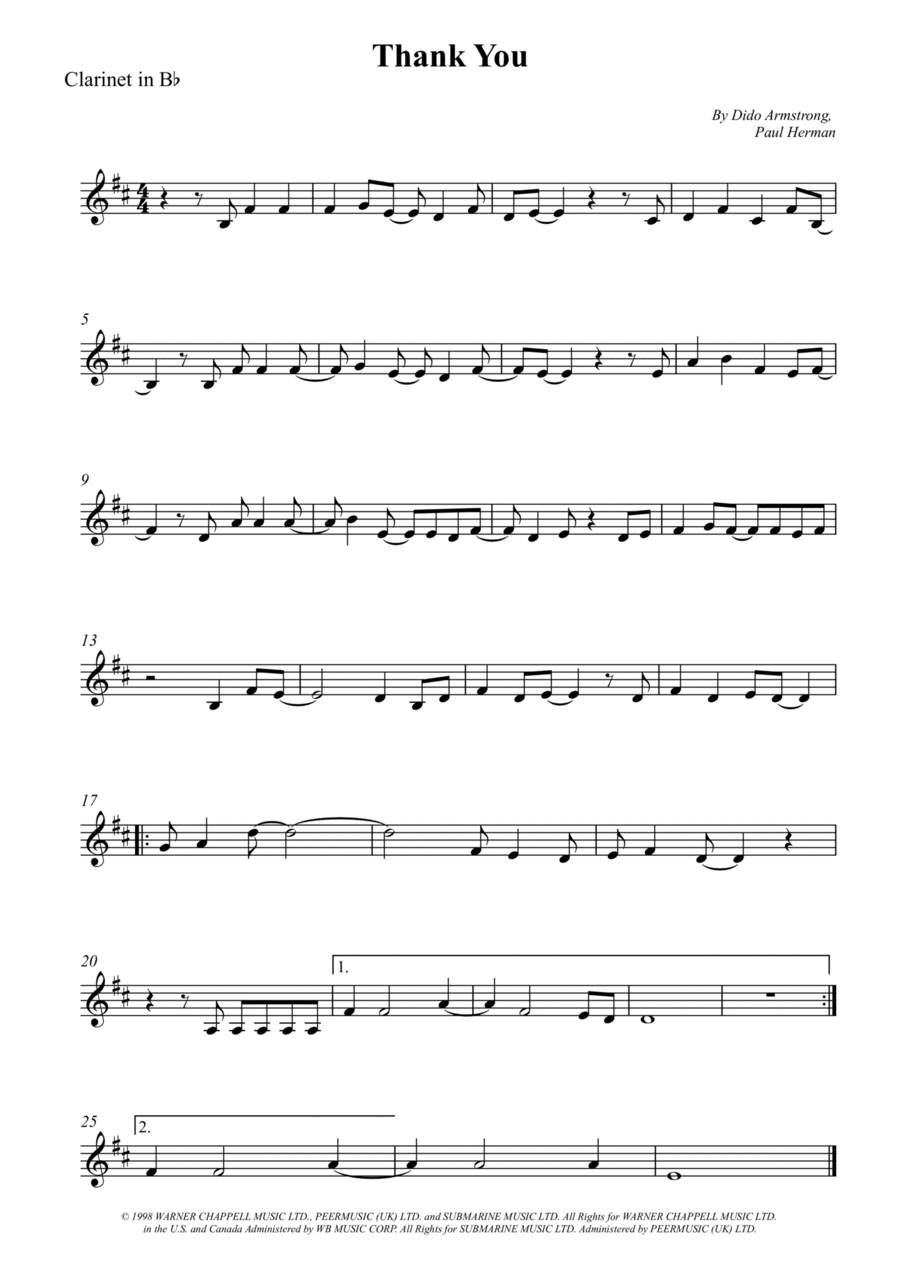 Thank You Thank You B-Flat Clarinet scores gallery preview page 1