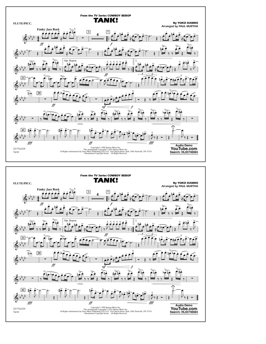 Tank! (from Cowboy Bebop) (arr. Murtha) - Flute/Piccolo Marching Band scores gallery preview page 1