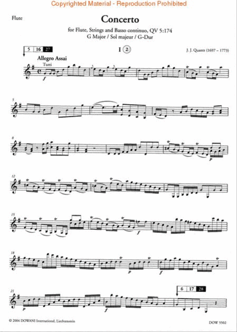 Quantz - Concerto for Flute, Strings and Basso Continuo Qv 5: 174 in G Major Flute Solo scores gallery preview page 3
