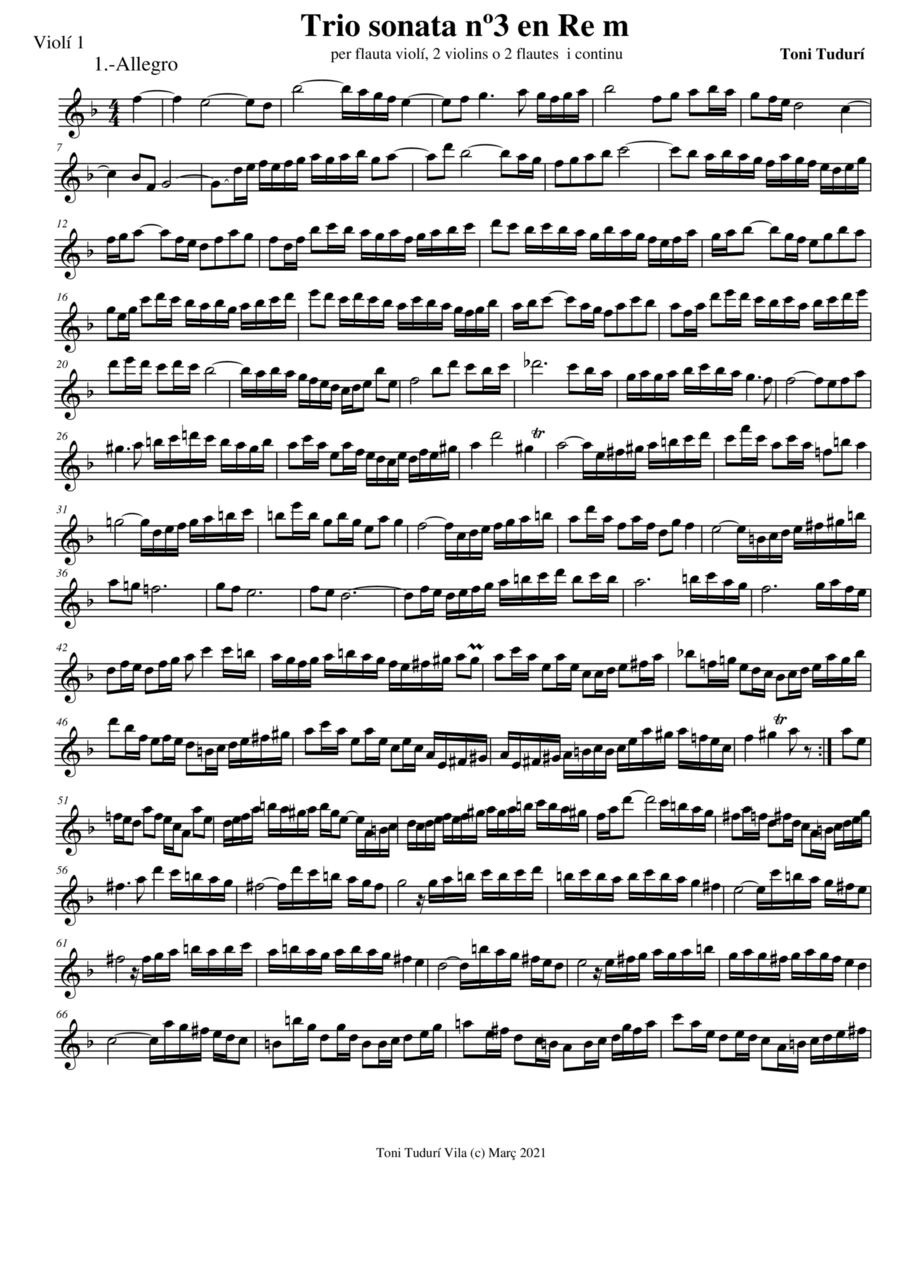 Trio sonata nº3 in D minor for flute, violin & cello or 2 violins & cello and basso continuo (PARTS Small Ensemble scores gallery preview page 1