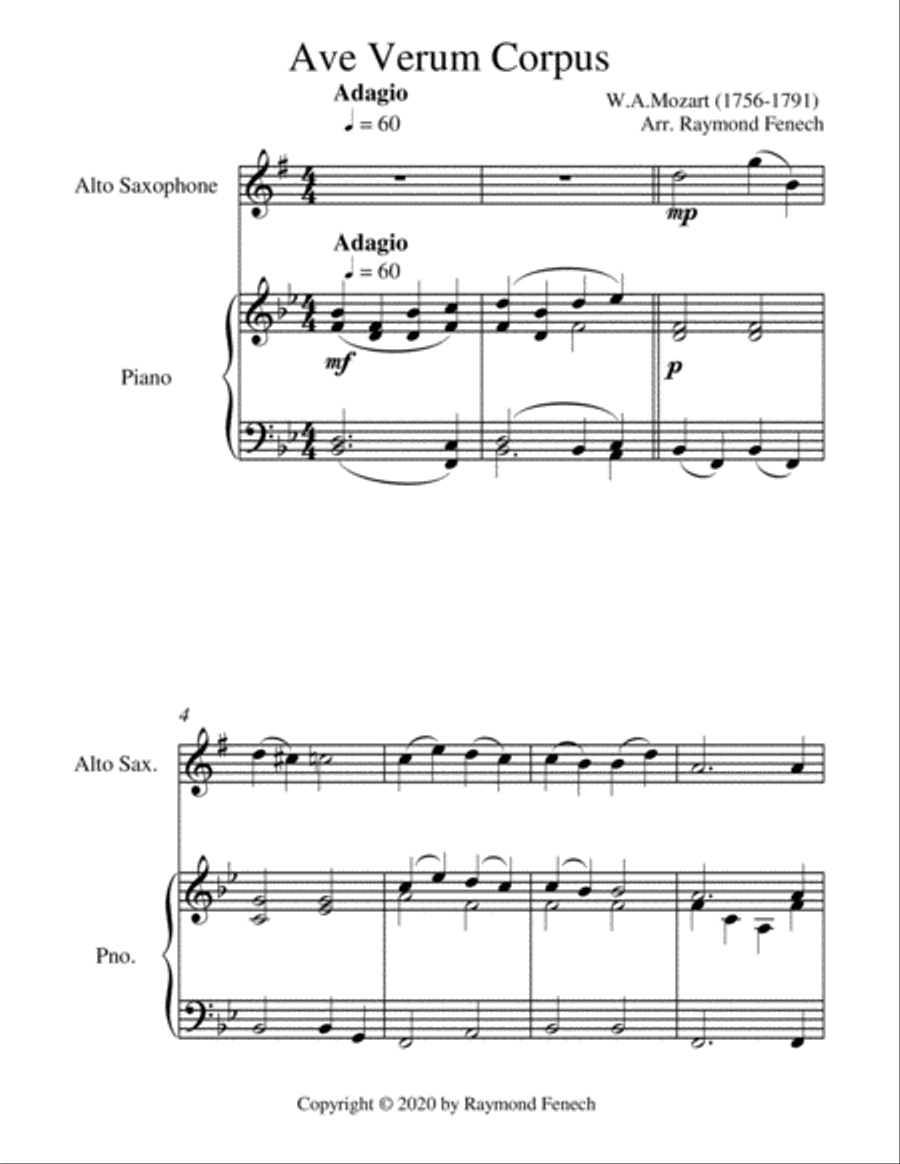 Ave Verum Corpus - Alto Sax and Piano - Intermediate level Alto Saxophone scores gallery preview page 4