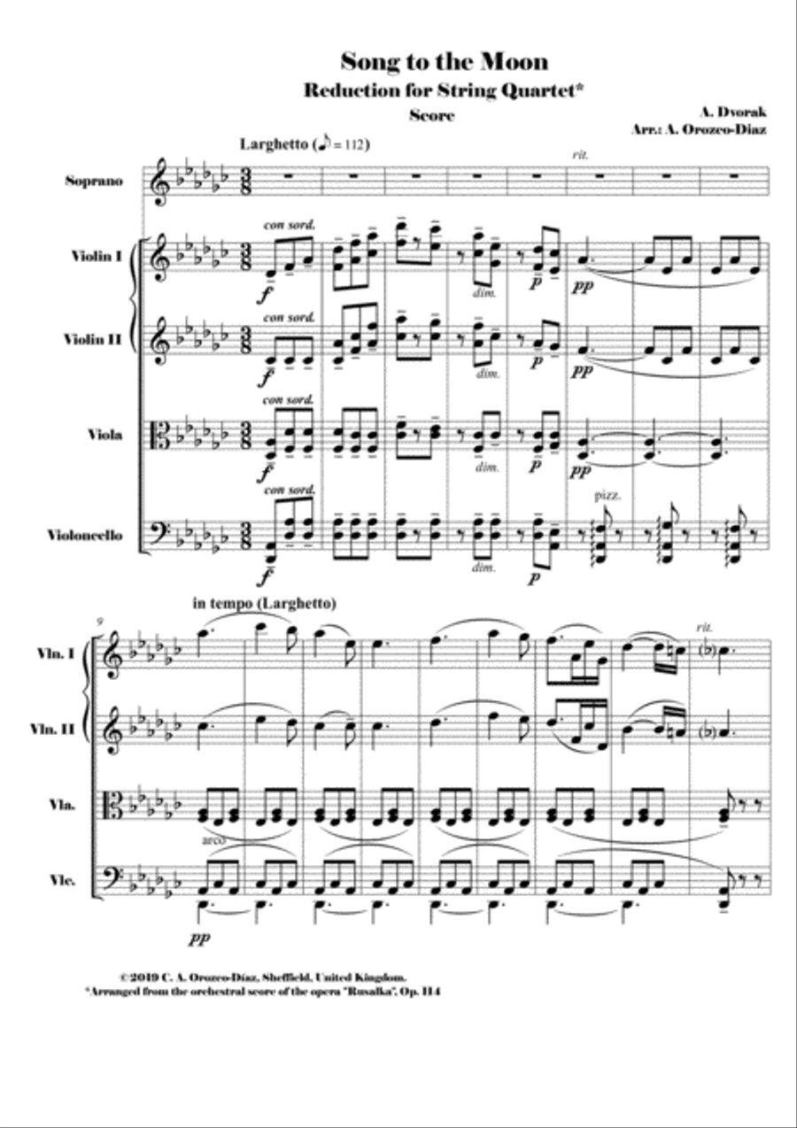Dvorak - Song to the Moon from Rusalka, Op. 114 - Reduction for Soprano and String Quartet (SCORE) Small Ensemble scores gallery preview page 2