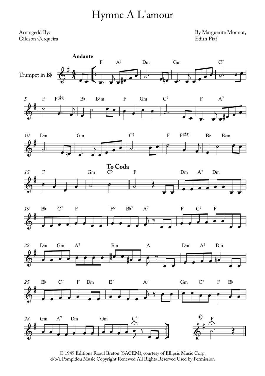 Hymne A L'amour B-Flat Trumpet scores gallery preview page 1