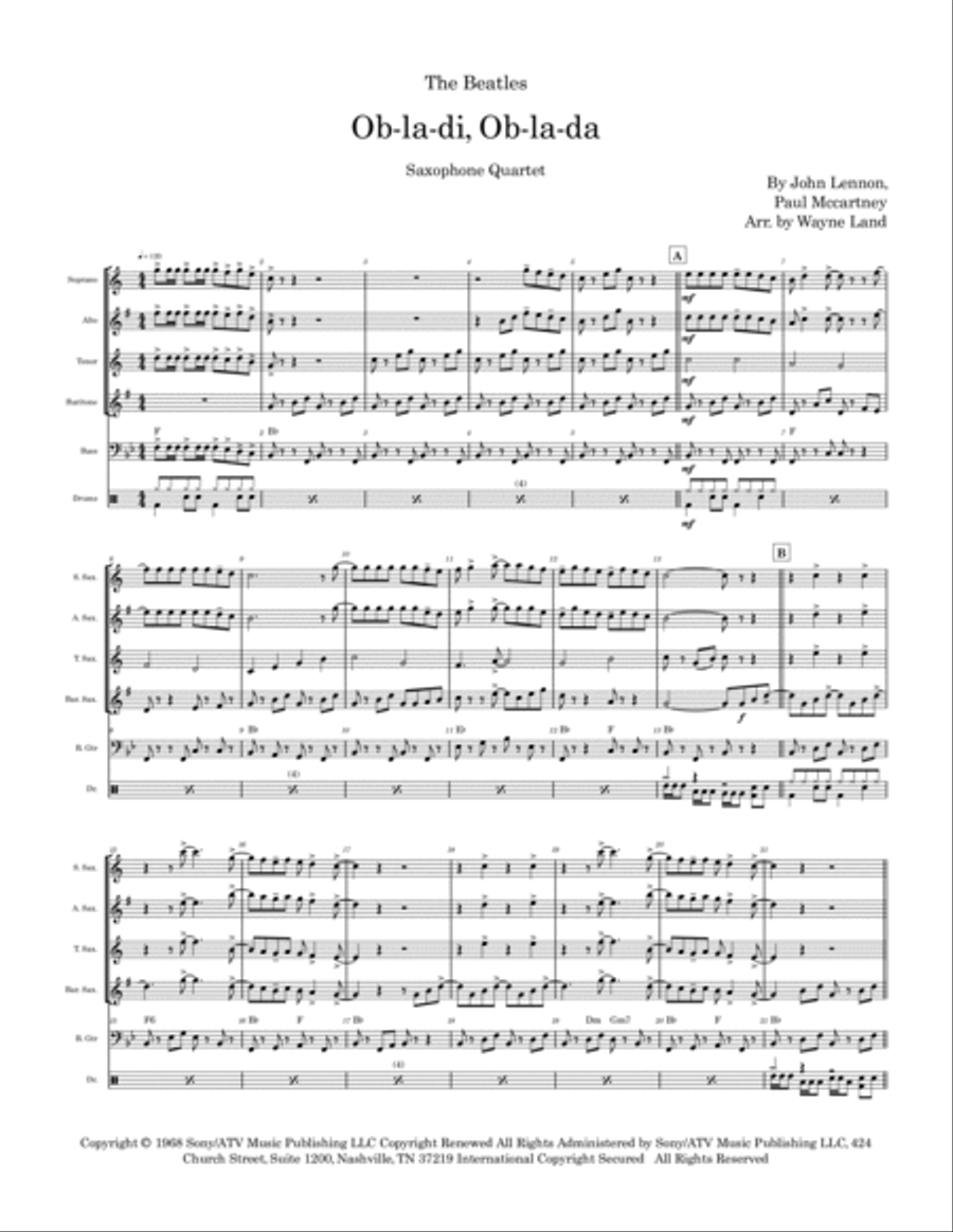 Ob-la-di, Ob-la-da Saxophone Quartet scores gallery preview page 2