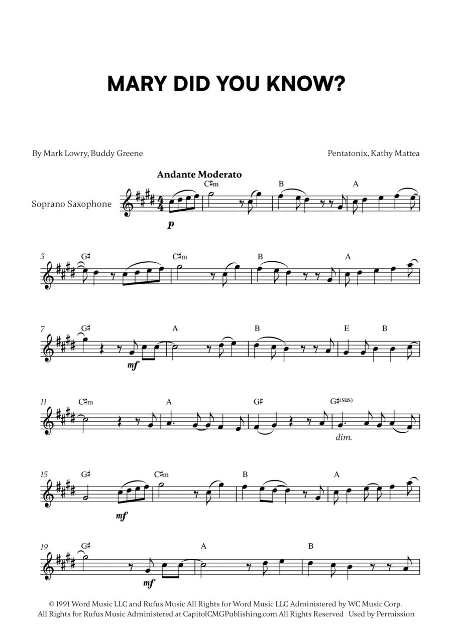 Mary, Did You Know? Mary, Did You Know? Soprano Saxophone scores gallery preview page 1