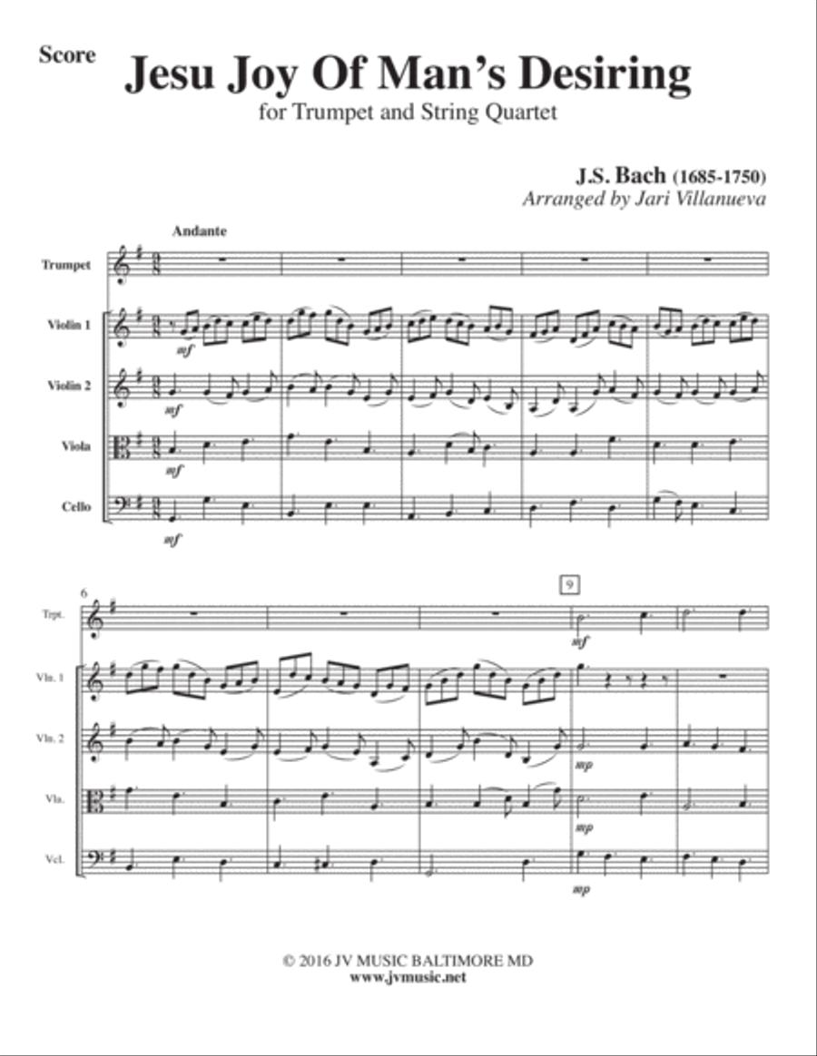 Jesu, Joy of Man's Desiring for Trumpet and String Quartet Chamber Orchestra scores gallery preview page 2