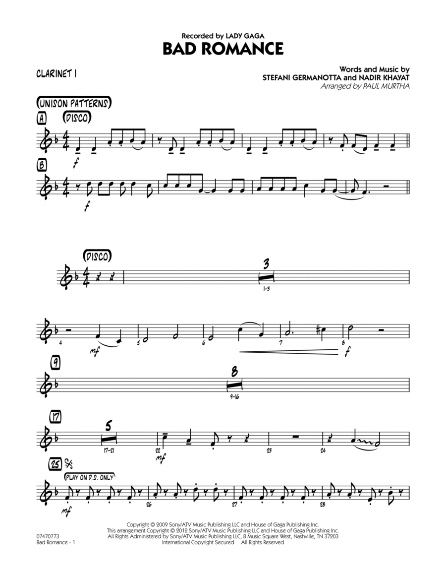 Bad Romance - Bb Clarinet 1 Jazz Ensemble scores gallery preview page 1