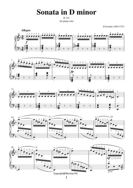 Sonata in D minor K 141 by Domenico Scarlatti for piano solo (or harpsichord)