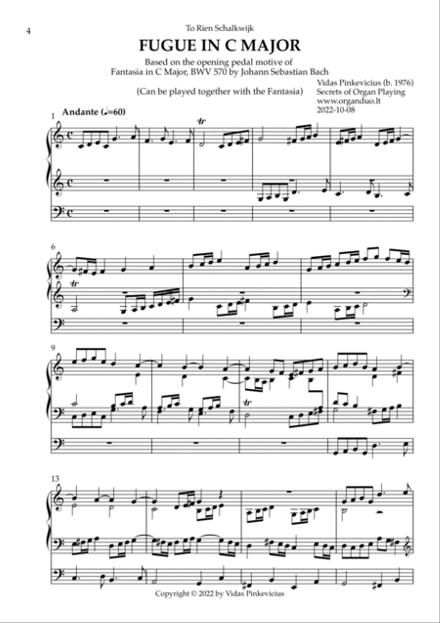 Fantasia in C Major, BWV 570 by Johann Sebastian Bach with Fugue in C Major by Vidas Pinkevicius Organ Solo scores gallery preview page 4