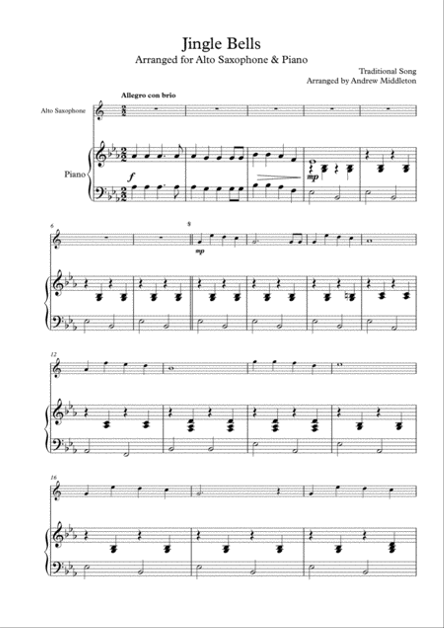 Jingle Bells arranged for Alto Saxophone & Piano Alto Saxophone scores gallery preview page 1